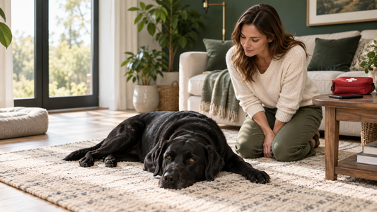 Dog owner checking an alert Labrador beside an organized pet first-aid kit