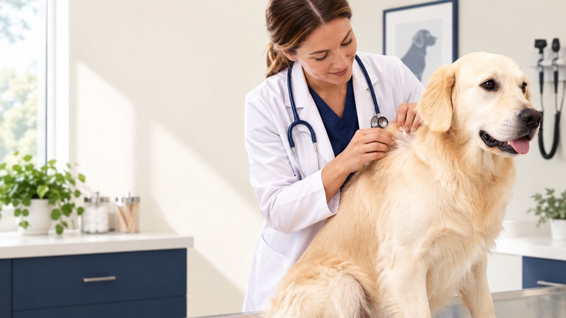 Adult Golden Retriever having its coat checked for fleas on a covered clinic table