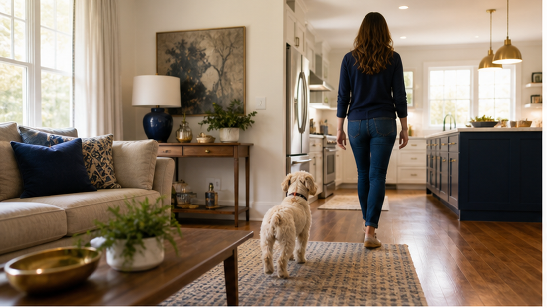 Dog following its owner through a bright American home