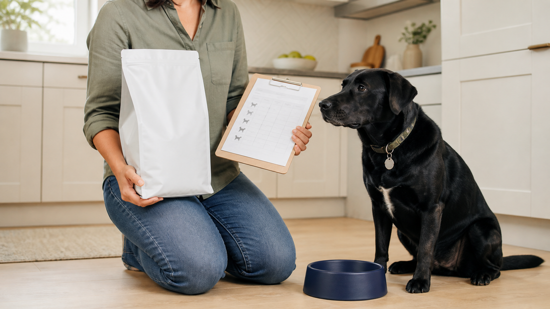 Owner reviewing an unbranded elimination diet and tracking plan beside a dog