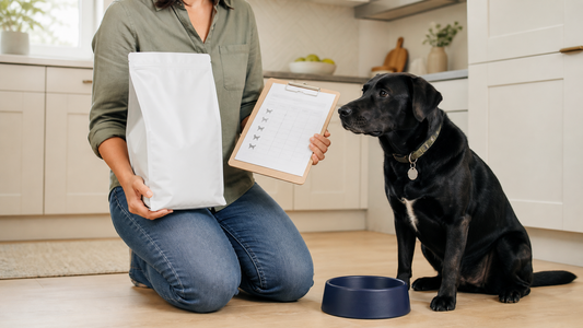 Owner reviewing an unbranded elimination diet and tracking plan beside a dog