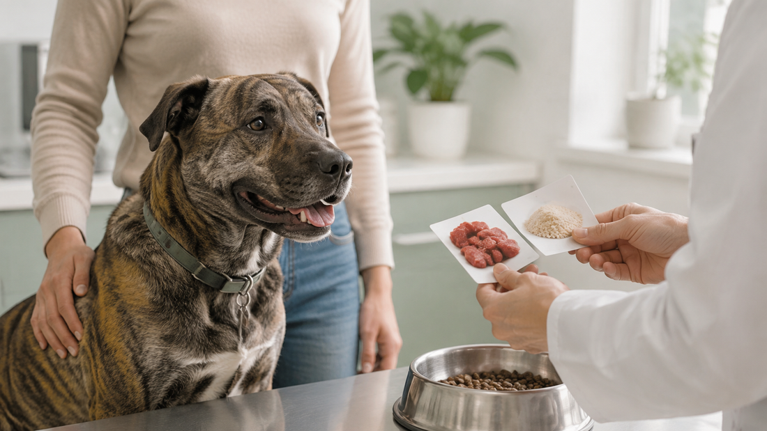 Veterinarian comparing plain ingredient cards with the owner of a brindle dog
