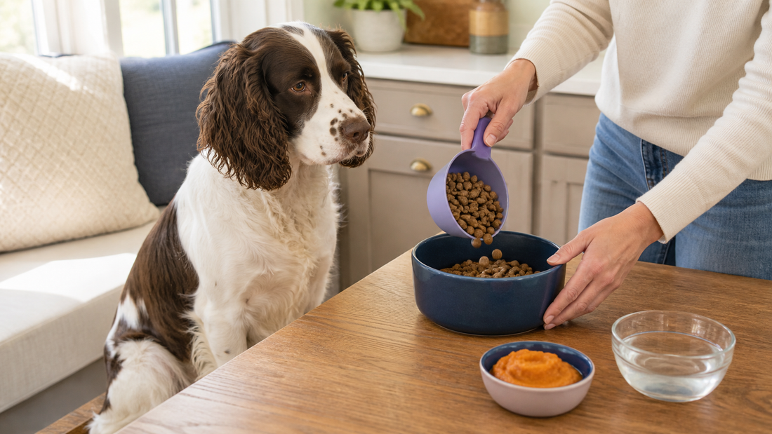 English Springer Spaniel watching an owner measure kibble beside pumpkin and fresh water