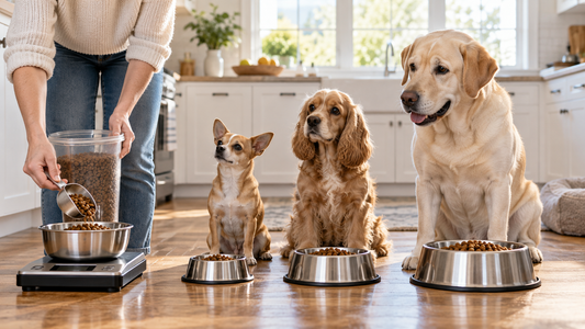 Small medium and large dogs beside size-appropriate bowls while an owner measures portions