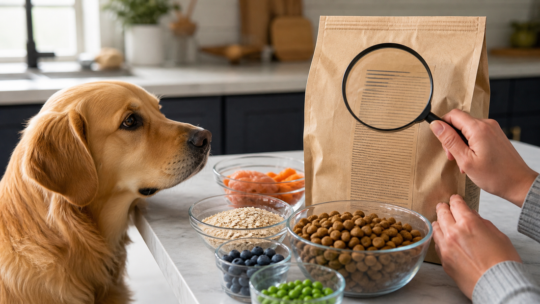 Golden retriever beside an owner reading an unbranded dog food label