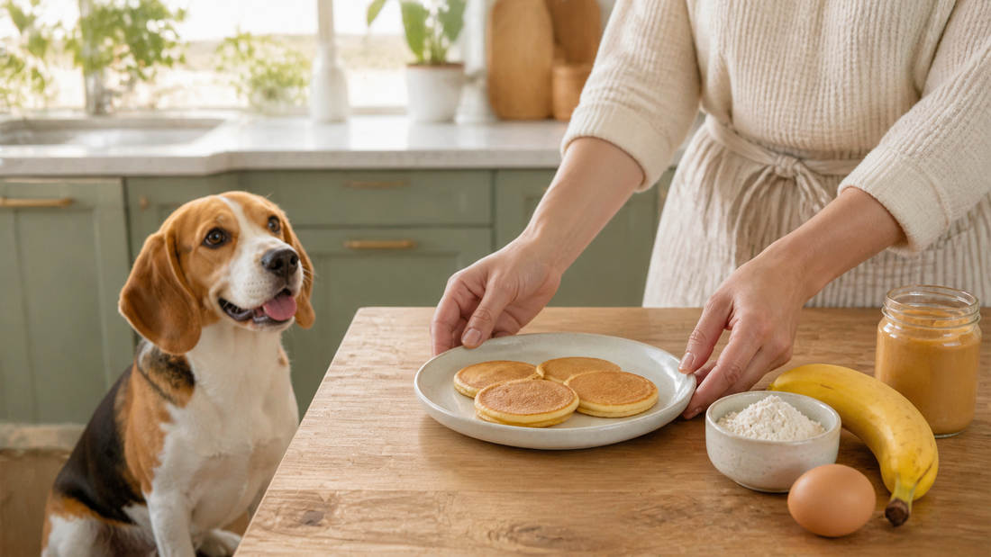 Beagle waiting beside a plate of small plain banana pancakes with egg, banana, flour and xylitol-free peanut butter