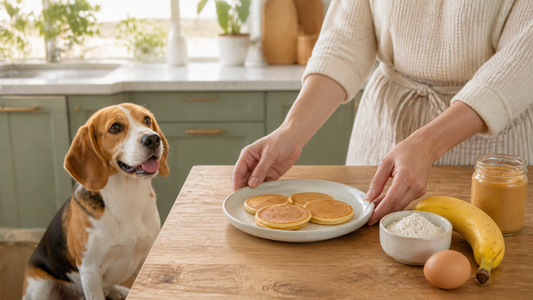 Beagle waiting beside a plate of small plain banana pancakes with egg, banana, flour and xylitol-free peanut butter