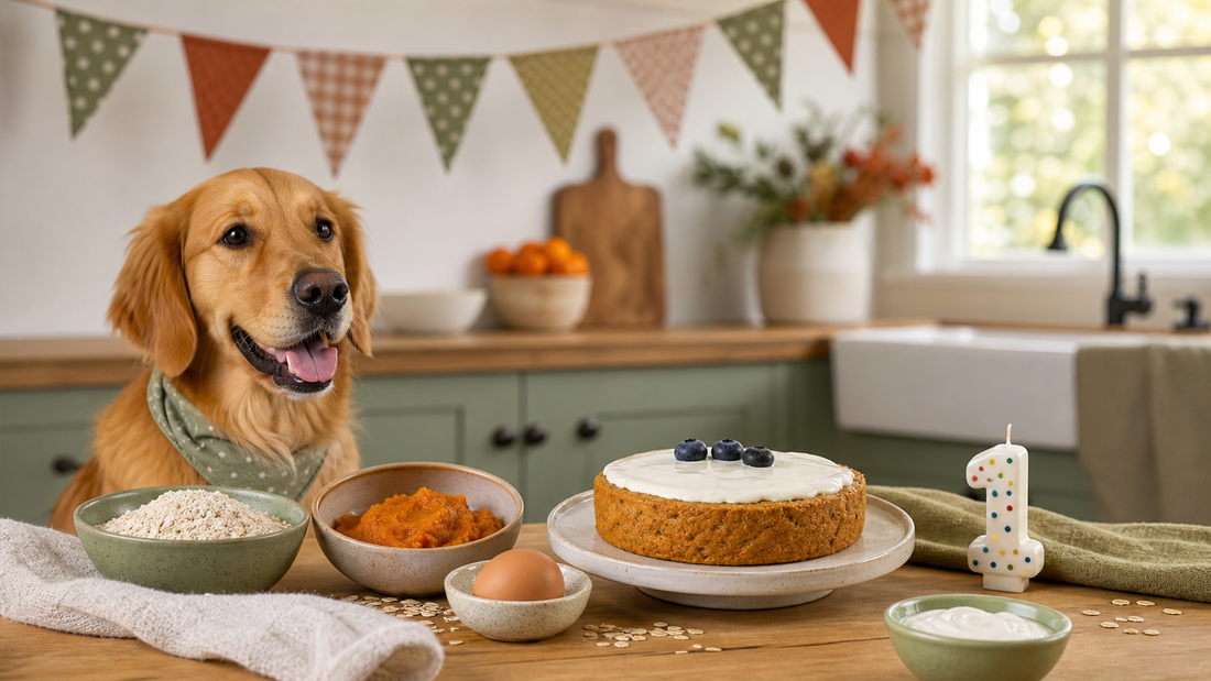 Dog-friendly oat and pumpkin birthday cake with safe ingredients