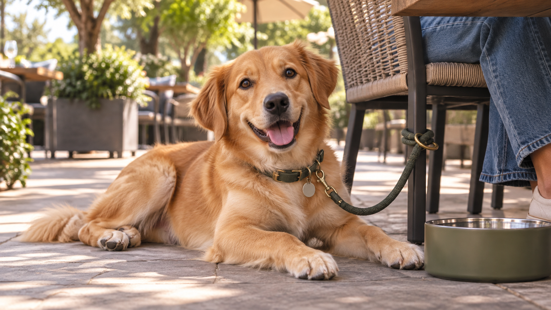 Relaxed dog resting beside its owner at a spacious shaded American restaurant patio