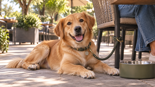 Relaxed dog resting beside its owner at a spacious shaded American restaurant patio