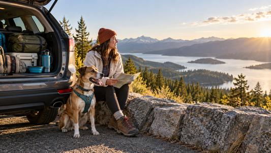 Dog and owner beginning a scenic American road trip with safe travel gear