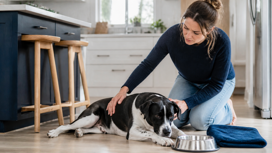 Concerned owner comforting a resting black-and-white dog beside fresh water during a stomach upset