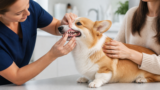 Veterinarian examining the teeth and gums of a calm dog during a dental visit
