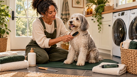 Dog owner calmly grooming a curly coated dog on a nonslip mat in a bright American home
