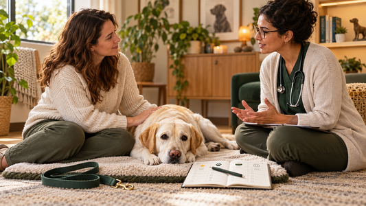 Calm adult dog resting beside its owner during a behavior and digestive health consultation