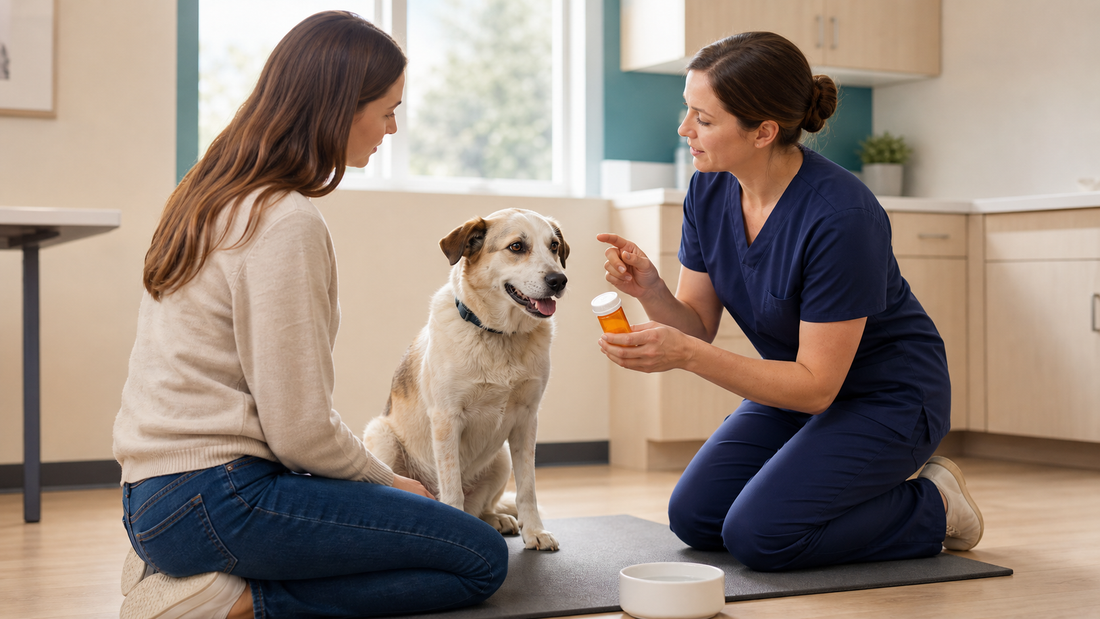 Veterinarian explaining an antibiotic schedule beside a relaxed mixed-breed dog