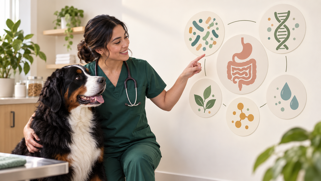 Veterinarian explaining canine gut health terms beside an adult dog and a clean educational display