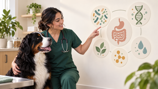 Veterinarian explaining canine gut health terms beside an adult dog and a clean educational display