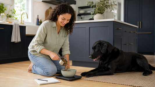 Owner measuring a veterinarian-planned dog food portion beside a healthy black Labrador