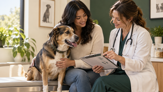 Veterinarian and dog owner reviewing an adult dog's diet history and digestive health in an American clinic