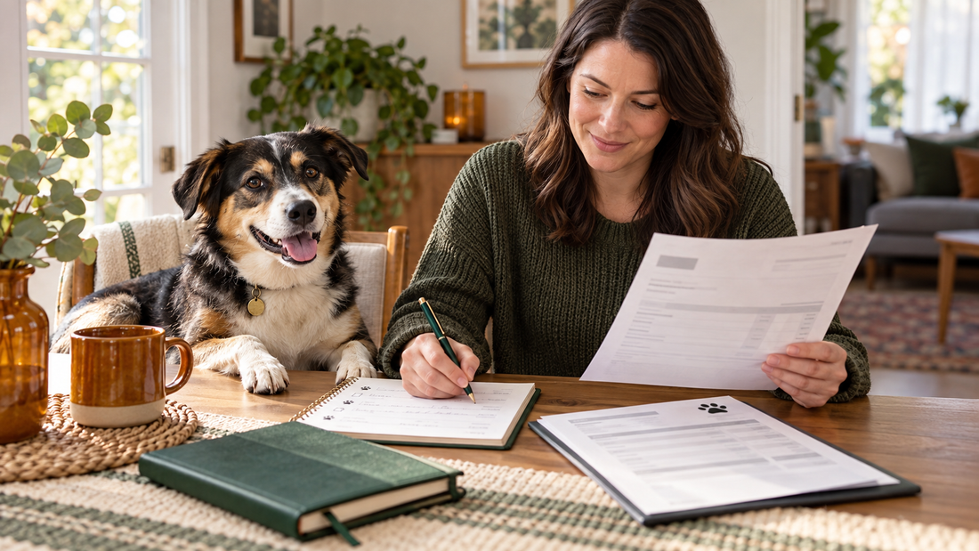 Dog owner reviewing veterinary records and preventive care notes beside a healthy adult dog at home