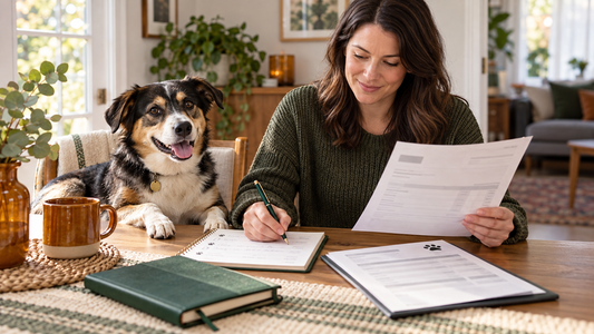 Dog owner reviewing veterinary records and preventive care notes beside a healthy adult dog at home