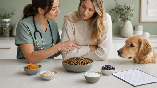 Veterinarian and owner keeping complete dog food central while reviewing small gut-friendly extras