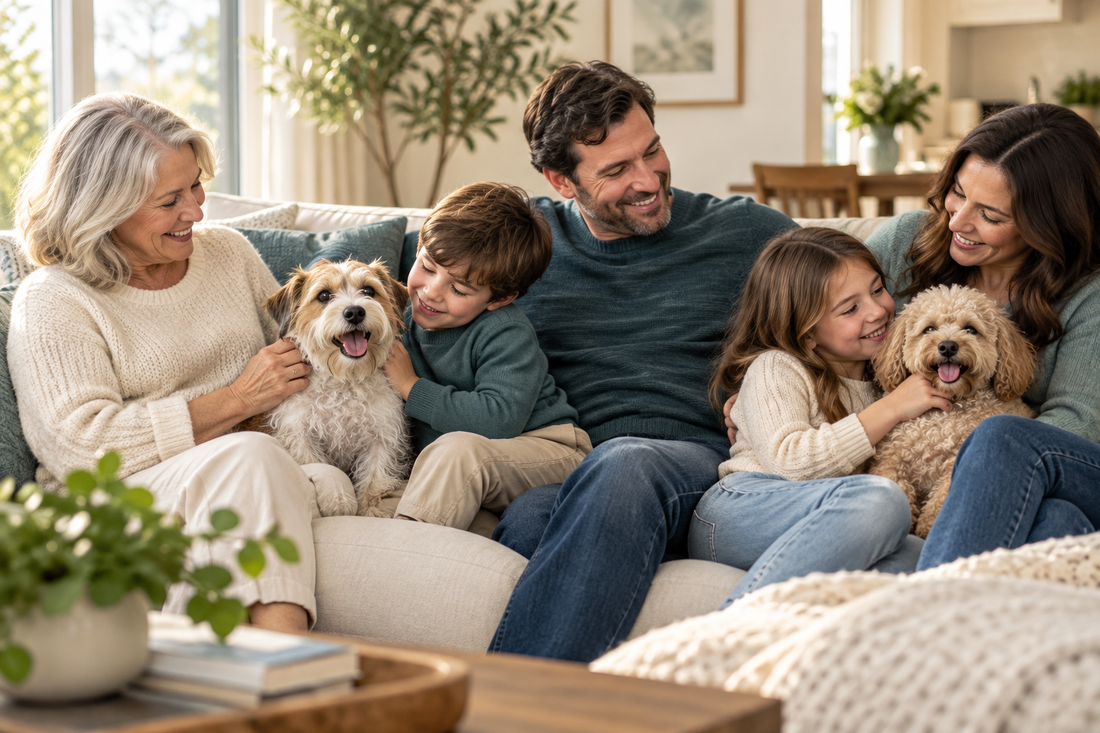 Multigenerational American family relaxing with two adult rescue dogs