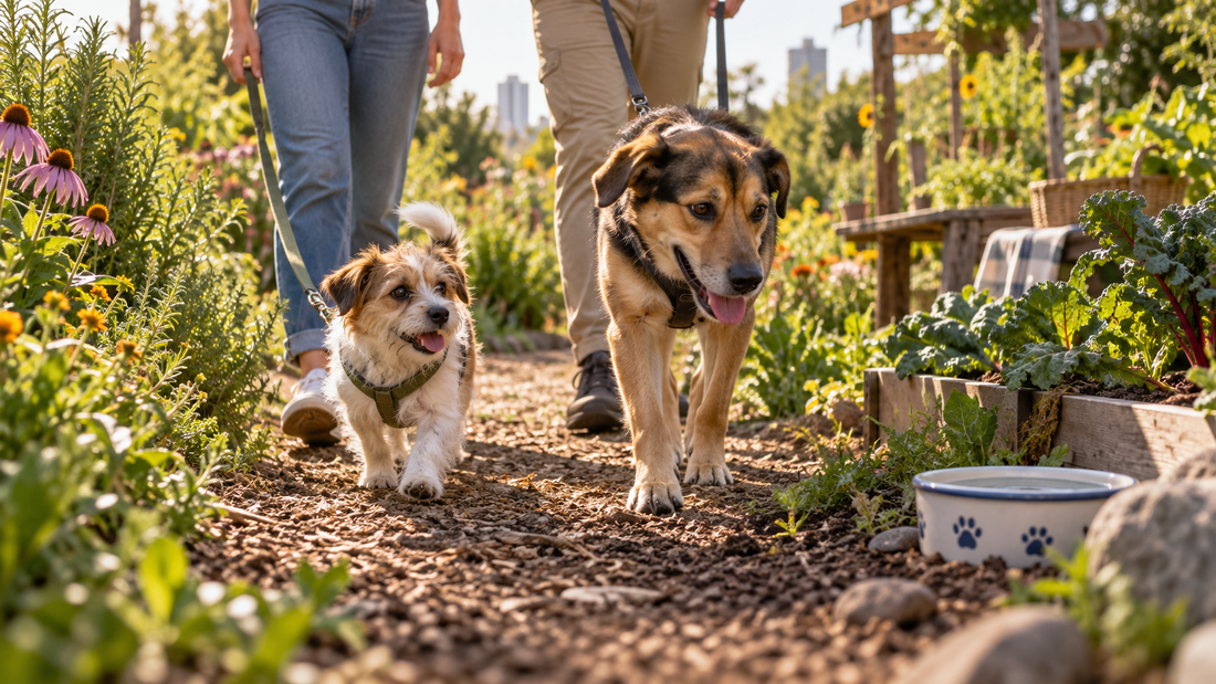 Two dogs exploring a community garden path with their owners