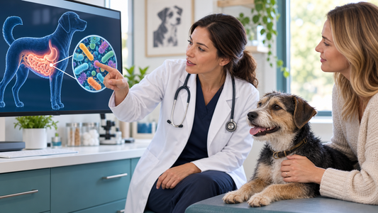 Veterinary researcher reviewing a canine gut microbiome visualization beside a relaxed dog