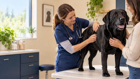 Veterinarian examining the coat and skin of an adult black Labrador in a modern American clinic