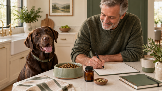 Adult dog beside an organized six-month wellness calendar and measured meal in a bright US home
