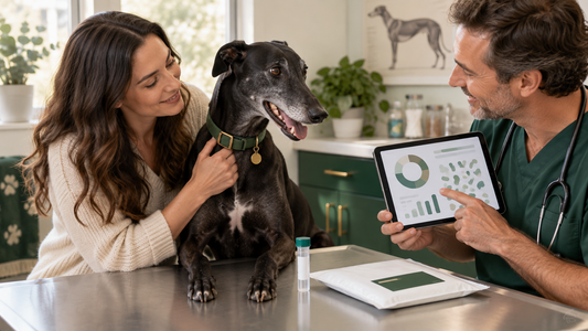 Dog owner and veterinarian reviewing an unbranded canine microbiome test sample and report in a US clinic