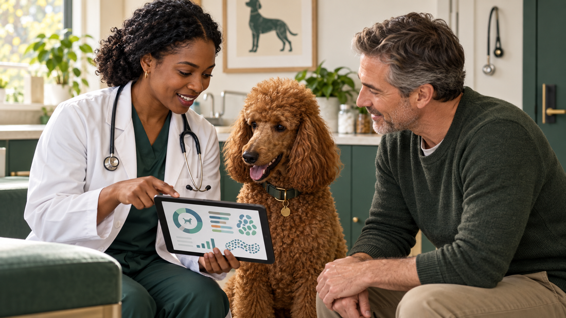 Dog owner and veterinarian reviewing a canine gut health test report on a tablet in a US clinic