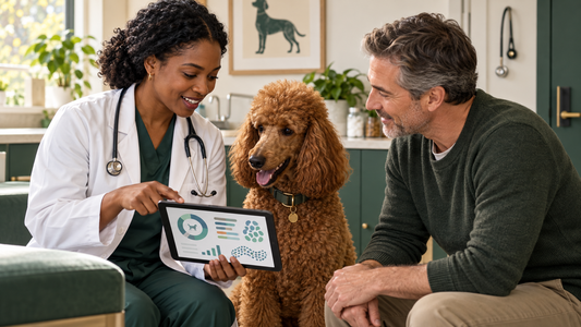 Dog owner and veterinarian reviewing a canine gut health test report on a tablet in a US clinic