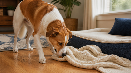 Dog using its nose to hide a treat beneath a folded blanket in a calm living room