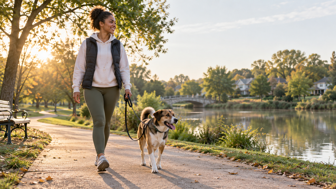 Dog owner sharing a calm morning walk and attentive moment with their dog