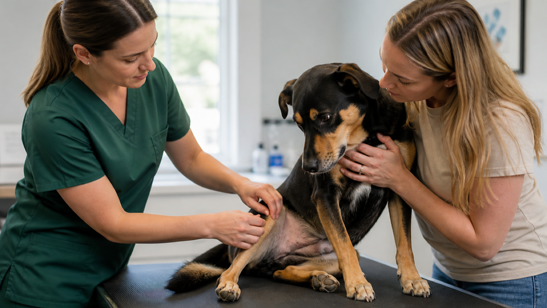 Veterinarian examining a darkened skin area on a calm adult dog