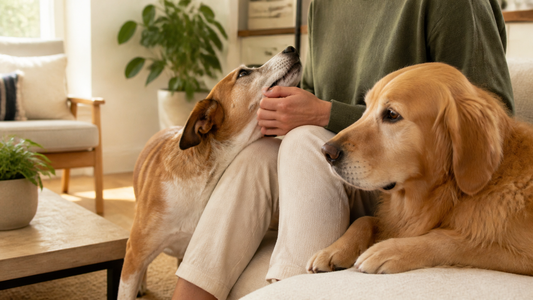 One dog seeking attention from its owner while a second dog rests beside them in a calm American living room
