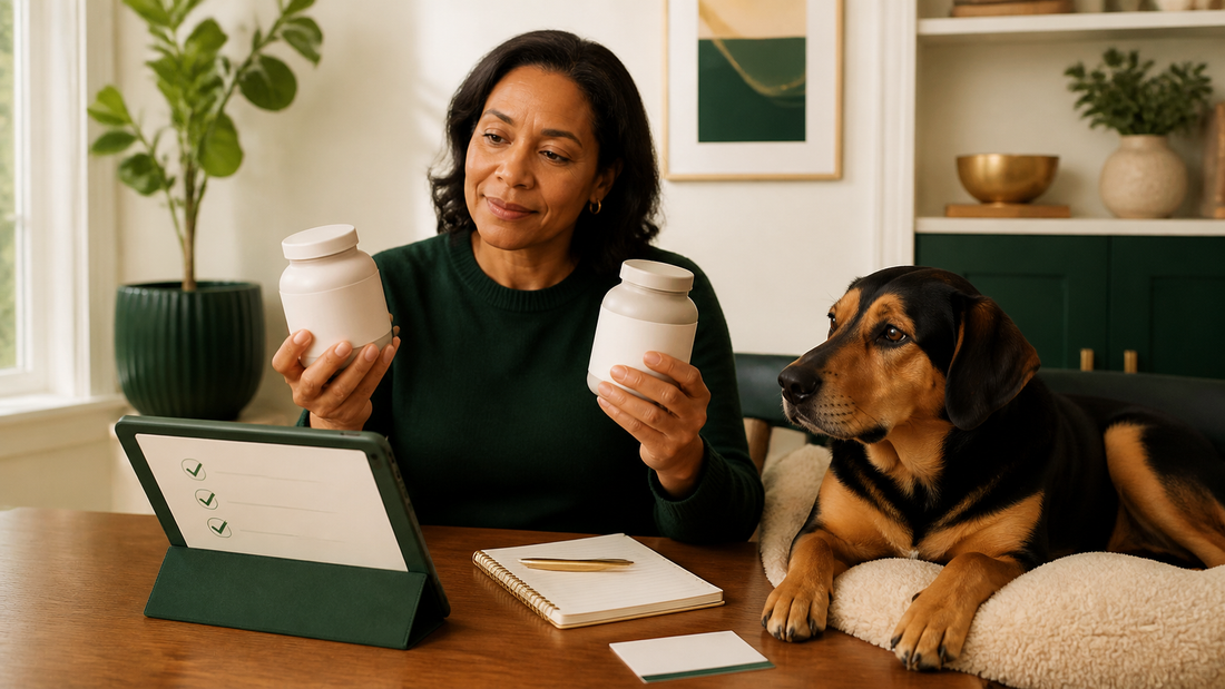 Owner comparing two unbranded dog supplement labels beside her dog