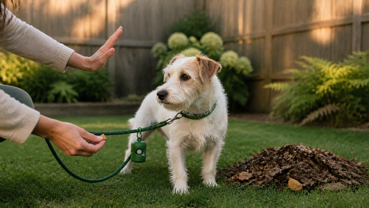 Terrier turning away during reward-based leave-it training in a yard