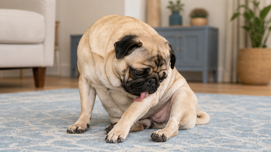 Fawn pug licking its front leg while sitting on a pale blue rug