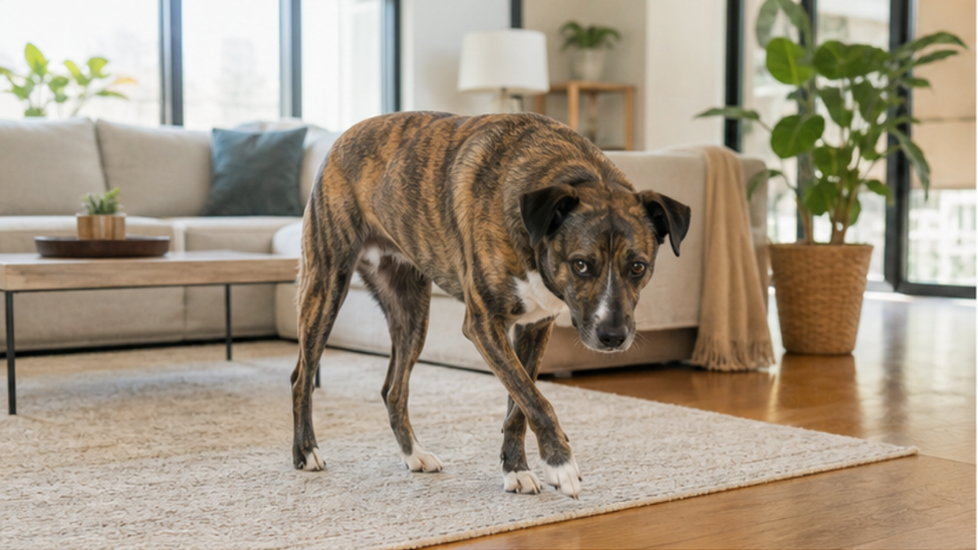 Brindle mixed-breed dog walking carefully across a bright living room