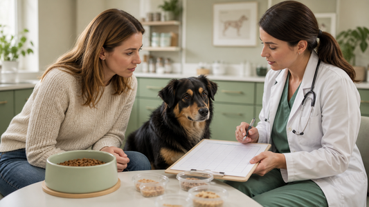 Veterinarian and owner creating an individualized nutrition plan for a dog with liver disease