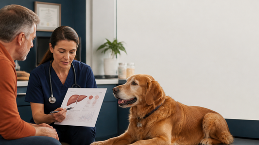 Veterinarian reviewing a canine liver diagram and blood-test chart with a golden retriever owner