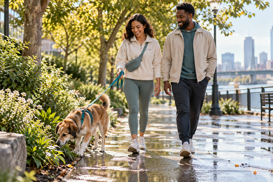 American couple walking an adult dog along a green urban trail after light rain