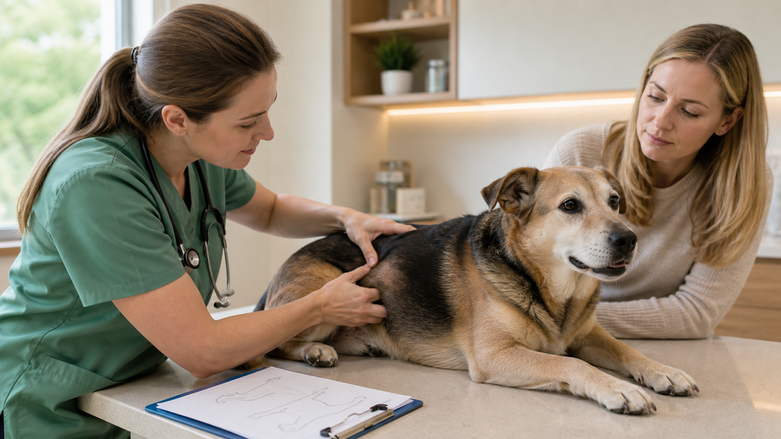 Veterinarian examining a small skin lump on a calm senior dog while its owner watches