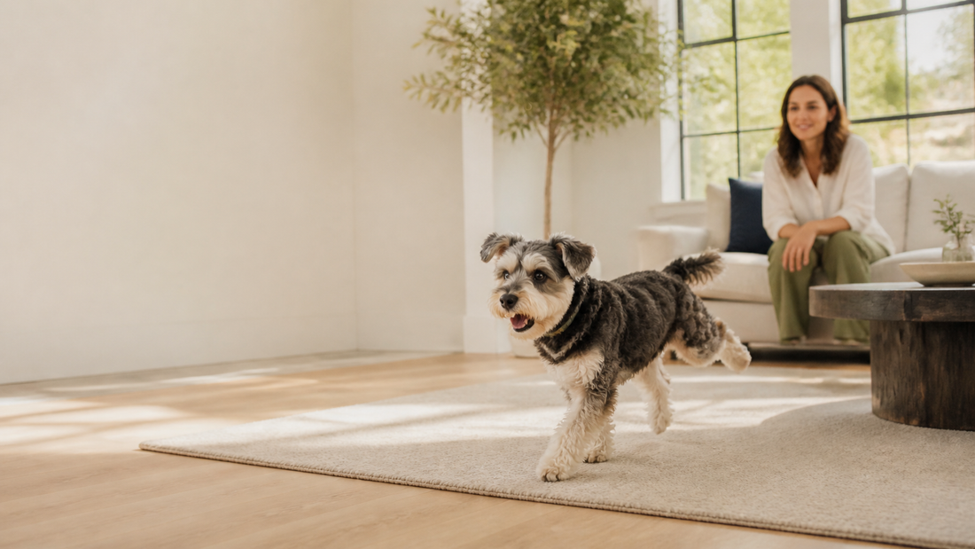 Small dog briefly lifting one rear leg while an owner observes its gait