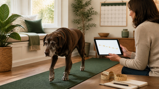 Owner tracking a senior dog's mobility on a tablet at home