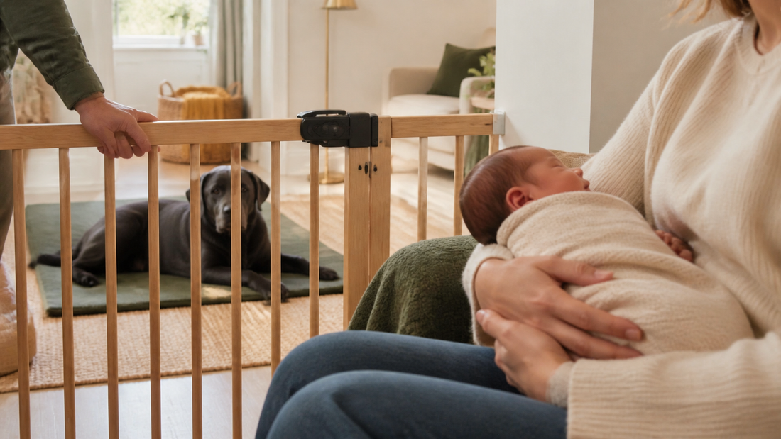 Supervised dog observing a parent and newborn from behind a secure gate